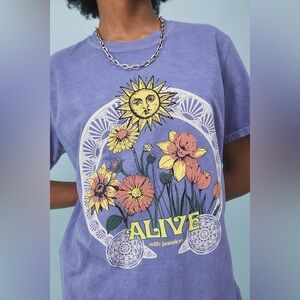Purple Graphic T-Shirt with Sun and Flowers